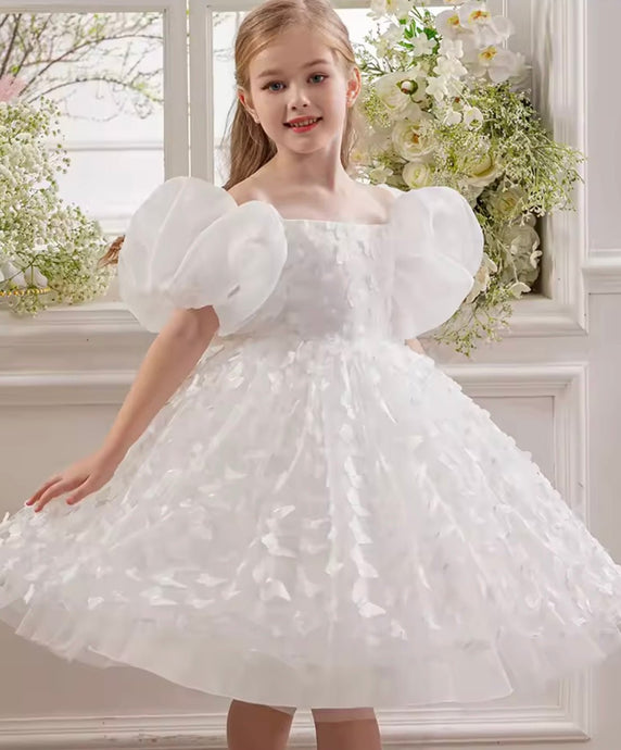 Bella Butterfly Flower Girl Kids Puff Sleeve Party Dress - White - Fox Baby & Co
