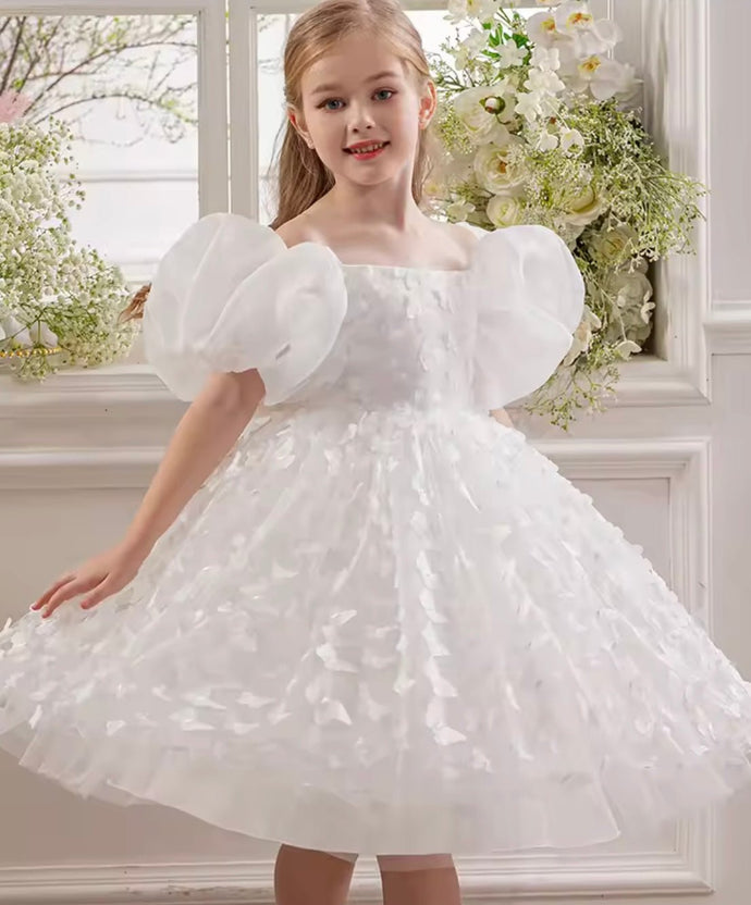 Bella Butterfly Flower Girl Kids Puff Sleeve Party Dress - White - Fox Baby & Co