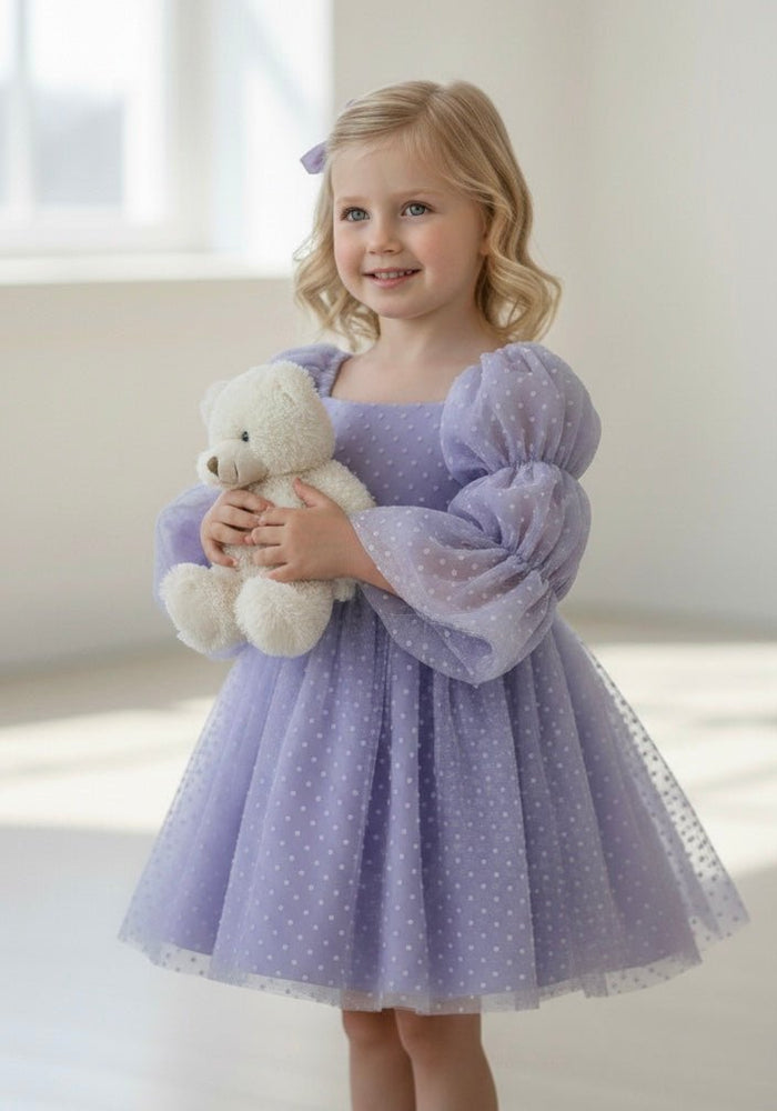 Flowergirl Fairy Wonderland Long Sleeve Luxe Tulle Dress - Pink Dots - Lilac - Fox Baby & Co