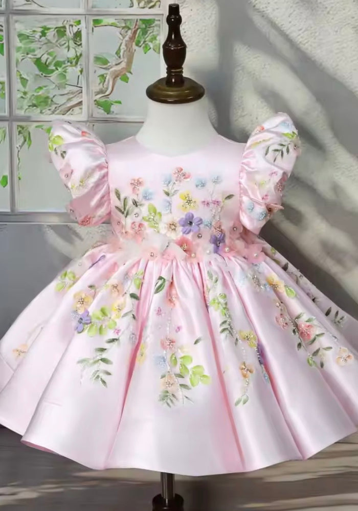 Pretty Floral Little Girls Luxe Dress - Baby Pink