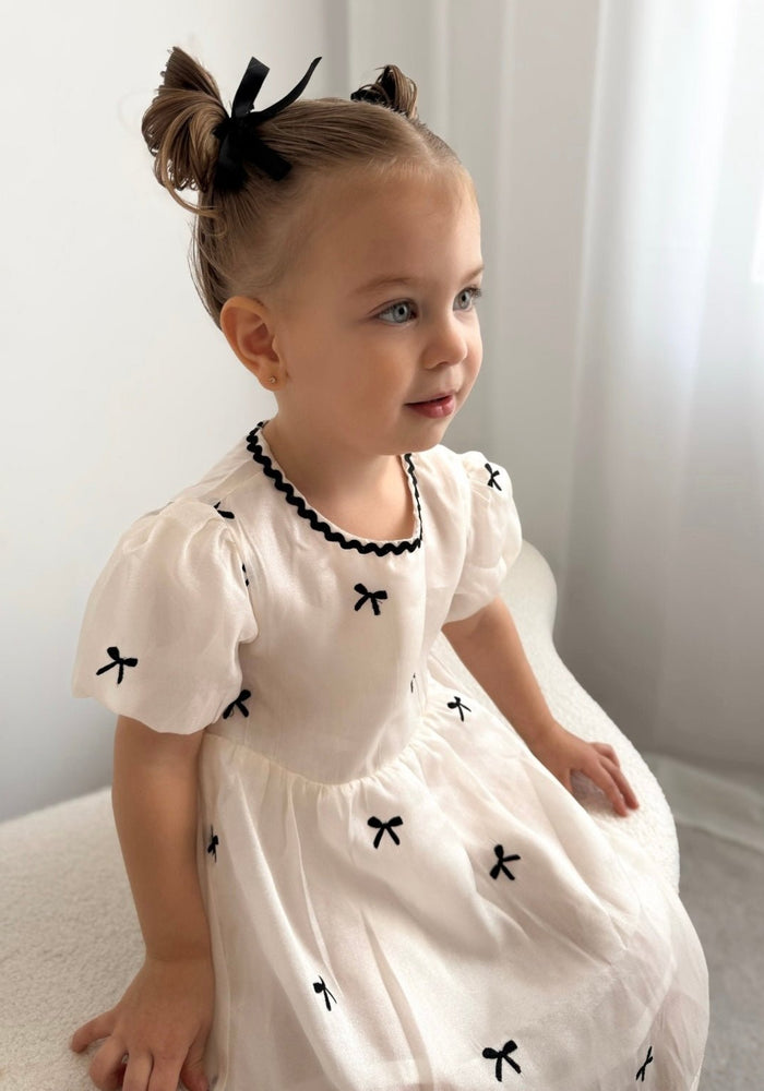 Kids girls French Luxe Bow Puff Dress - Black/ivory (pre order) - Fox Baby & Co