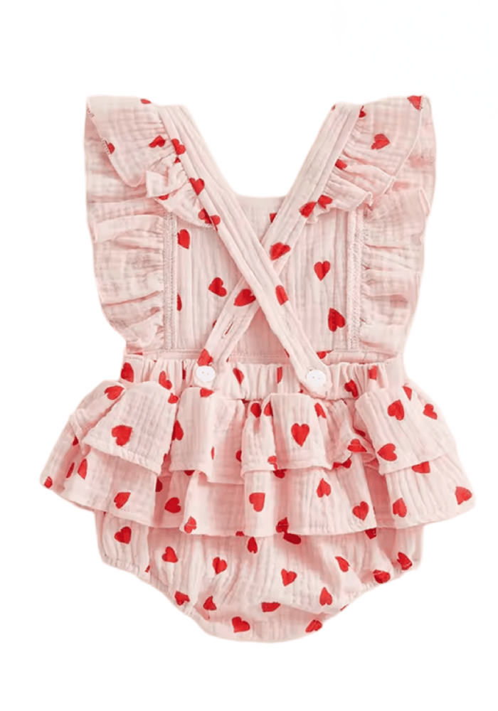 My Valentine Pink Hearts Frill Romper & Bow (pre order) - Fox Baby & Co