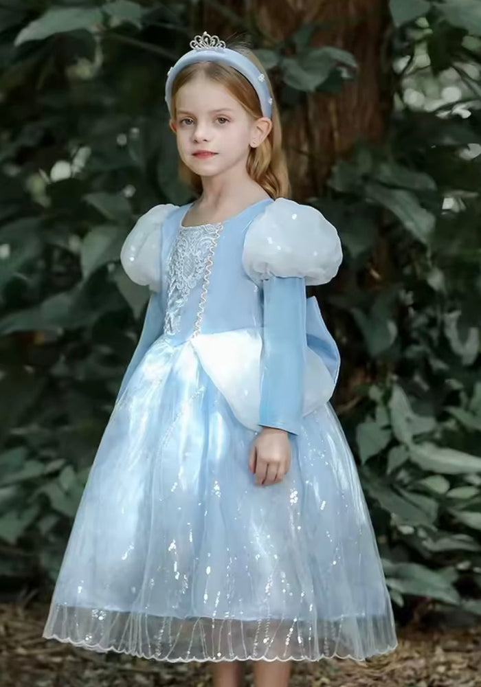 Magical Cinderella Princess Birthday Long Sleeve Party Dress Costume & Tiara Headband - Fox Baby & Co