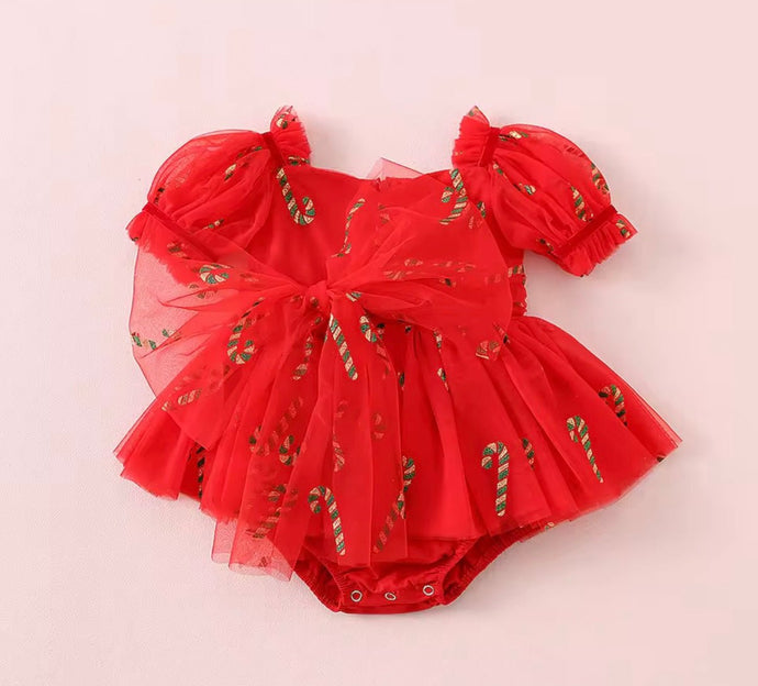 Kids girls Christmas Luxe Puff Tulle Romper - Red Candy Cane - Fox Baby & Co