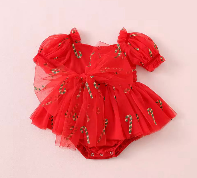 Kids girls Christmas Luxe Puff Tulle Romper - Red Candy Cane
