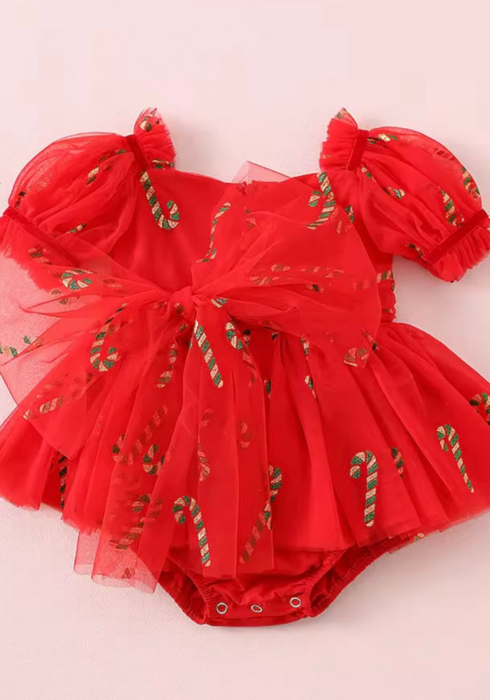 Kids girls Christmas Luxe Puff Tulle Romper - Red Candy Cane