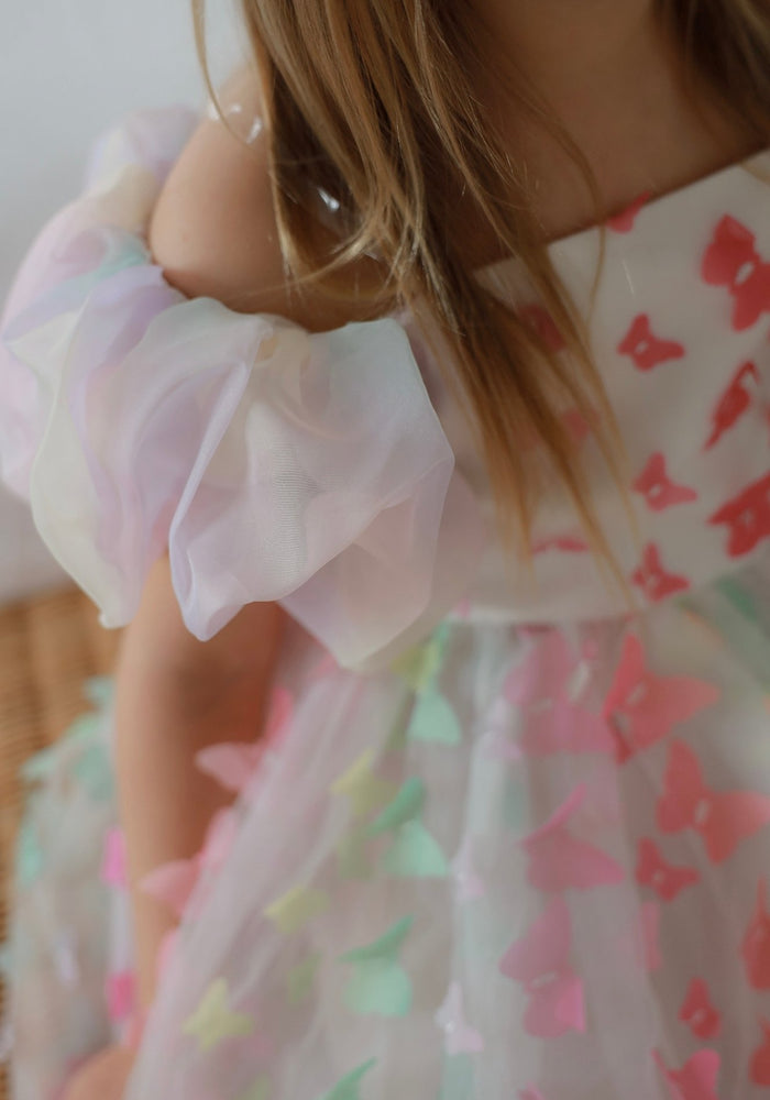 Bella Butterfly Flower Girl Kids Puff Sleeve Luxe Party Dress - Rainbow - Fox Baby & Co