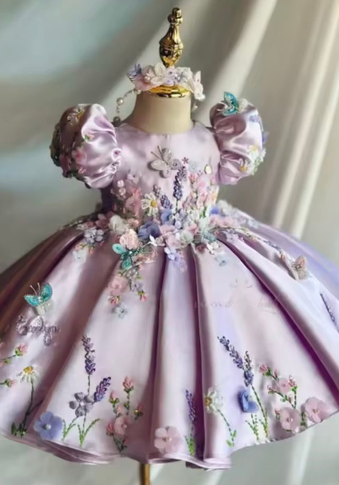 Vintage Floral Little Girls Luxe Dress - lilac