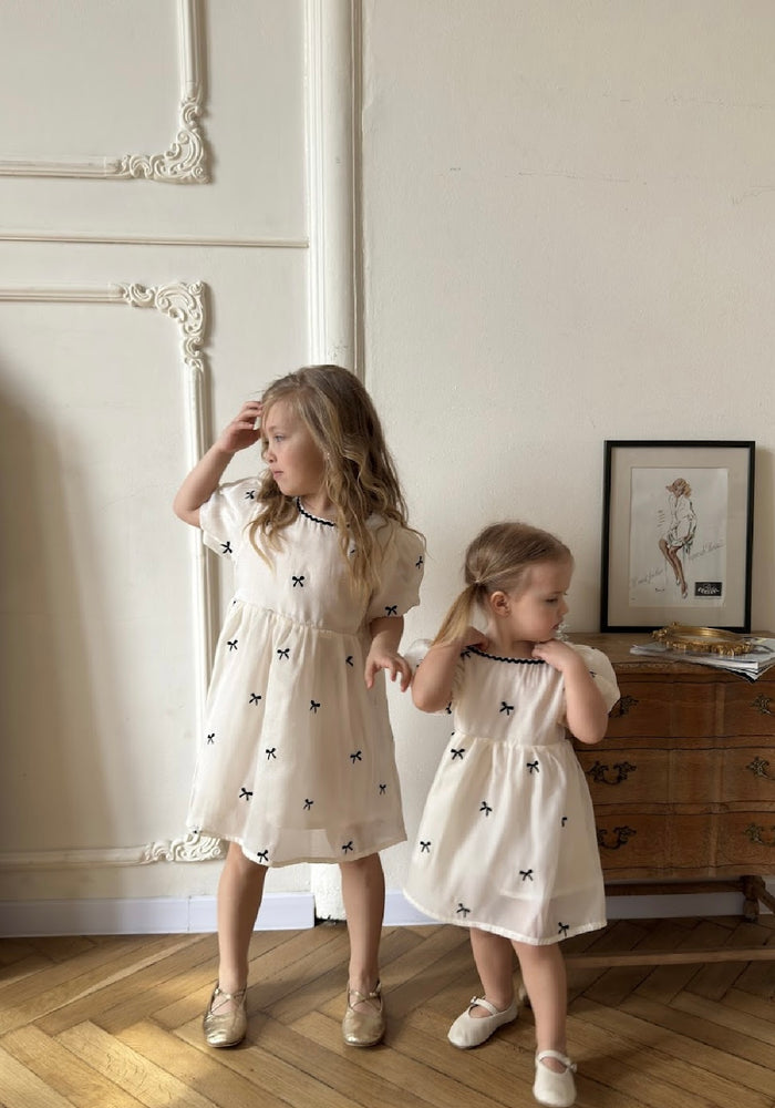 Kids girls French Luxe Bow Puff Dress - Black/ivory (pre order) - Fox Baby & Co