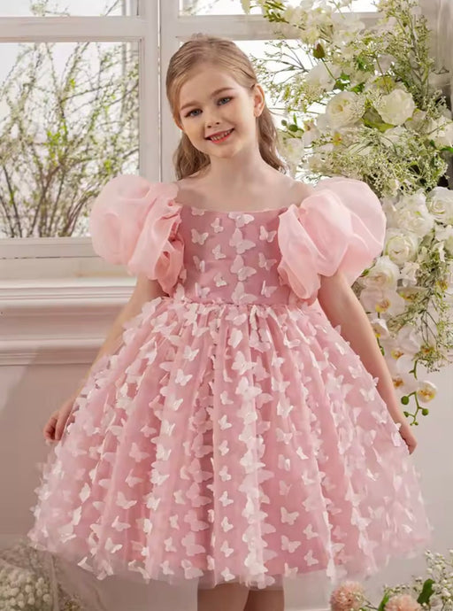 Bella Butterfly Flower Girl Kids Puff Sleeve Party Dress - Pink - Fox Baby & Co