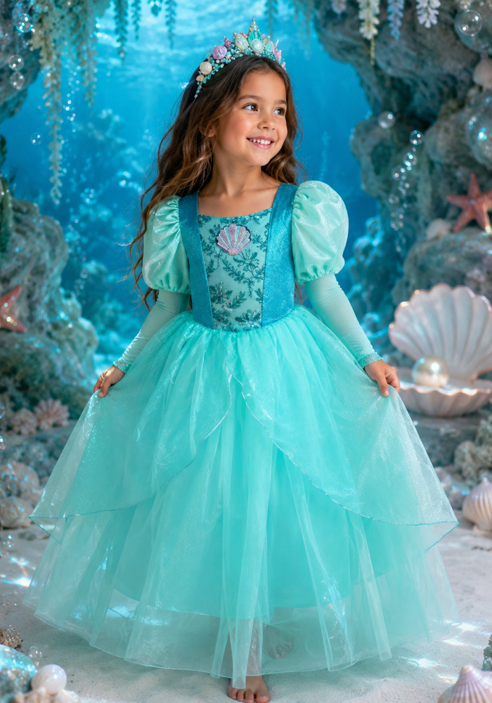 Aqua Pearl Mermaid Princess Long Sleeve Party Dress Costume