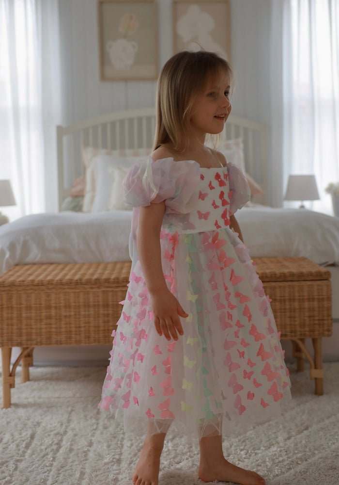 Bella Butterfly Flower Girl Kids Puff Sleeve Luxe Party Dress - Rainbow - Fox Baby & Co