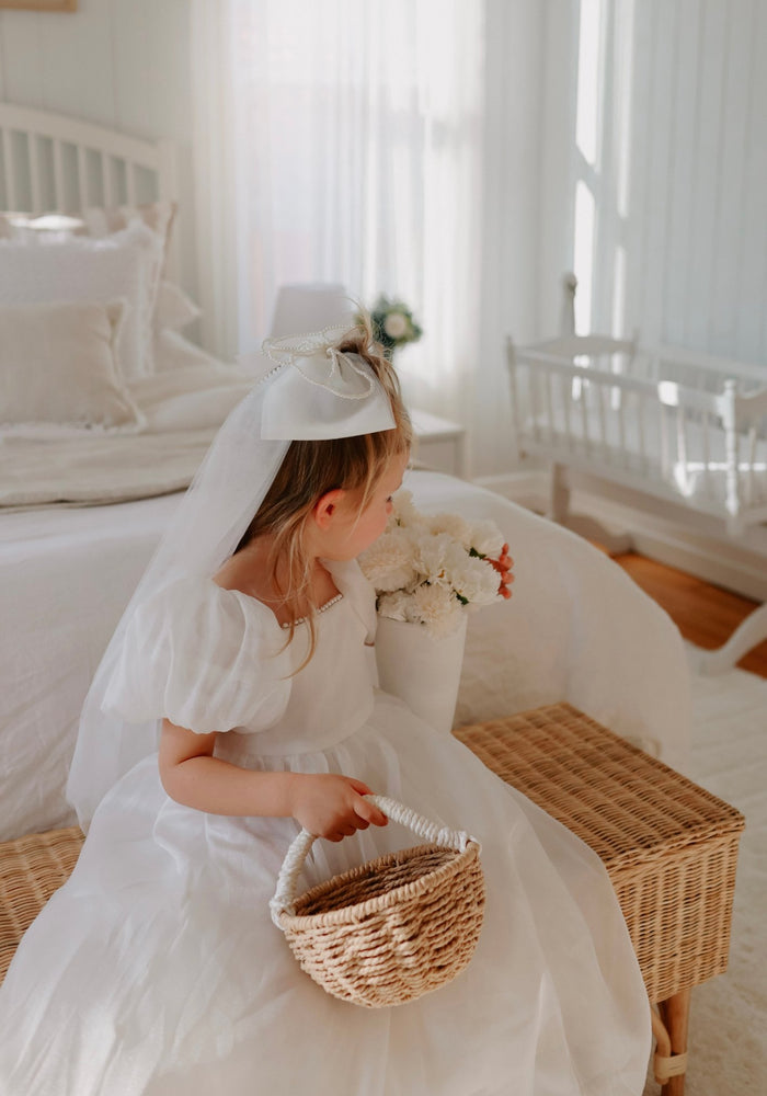 Kid little girl Pearl Flower girl Tulle Dress with matching hair bow - Fox Baby & Co