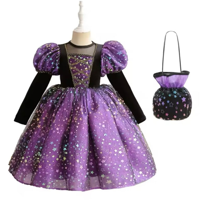 Witch Halloween Long Sleeve Long Sleeve Dress Costume with bag - Purple - Fox Baby & Co