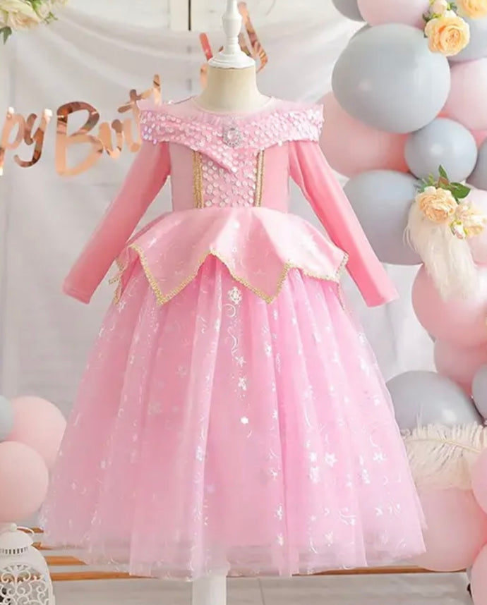 Enchanted Pink Princess Birthday Long Sleeve Party Dress Costume