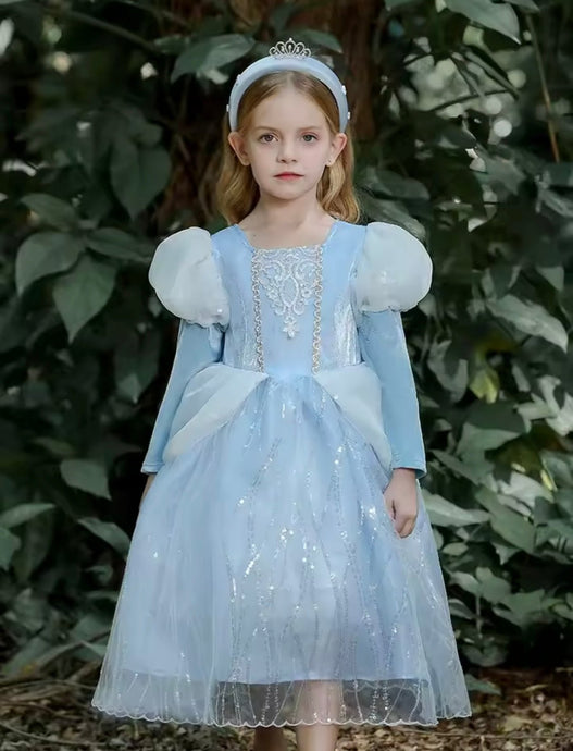Magical Cinderella Princess Birthday Long Sleeve Party Dress Costume & Tiara Headband - Fox Baby & Co
