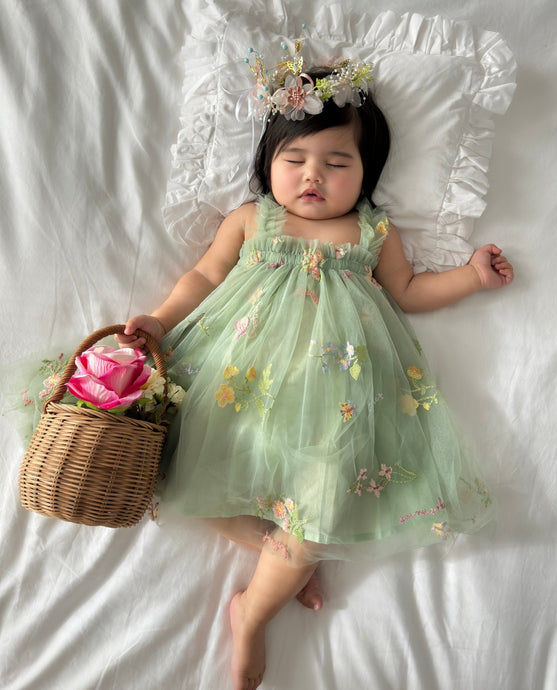 Arabella Garden Floral Tulle Birthday Dress - Sage Green - Fox Baby & Co