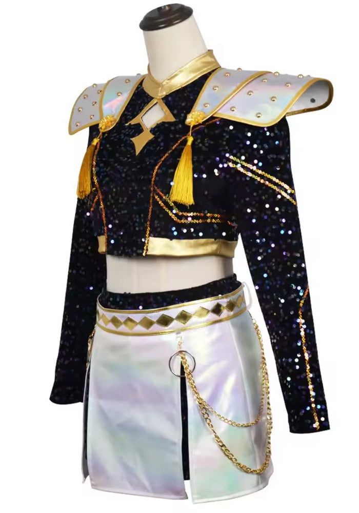 Kids Girls Kpop Style Demon Hunter Luxe Holographic Sequin SKIRT Performance Outfit Accessories Set