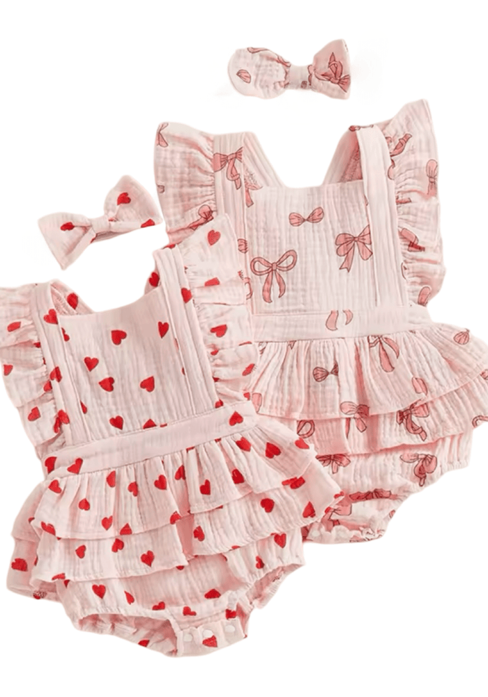My Valentine Pink Hearts Frill Romper & Bow (pre order) - Fox Baby & Co