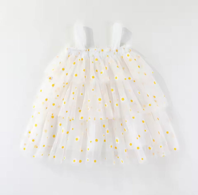 Kids Little Girl Daisy Floral Birthday Tutu Tulle Dress - White/Yellow - Fox Baby & Co