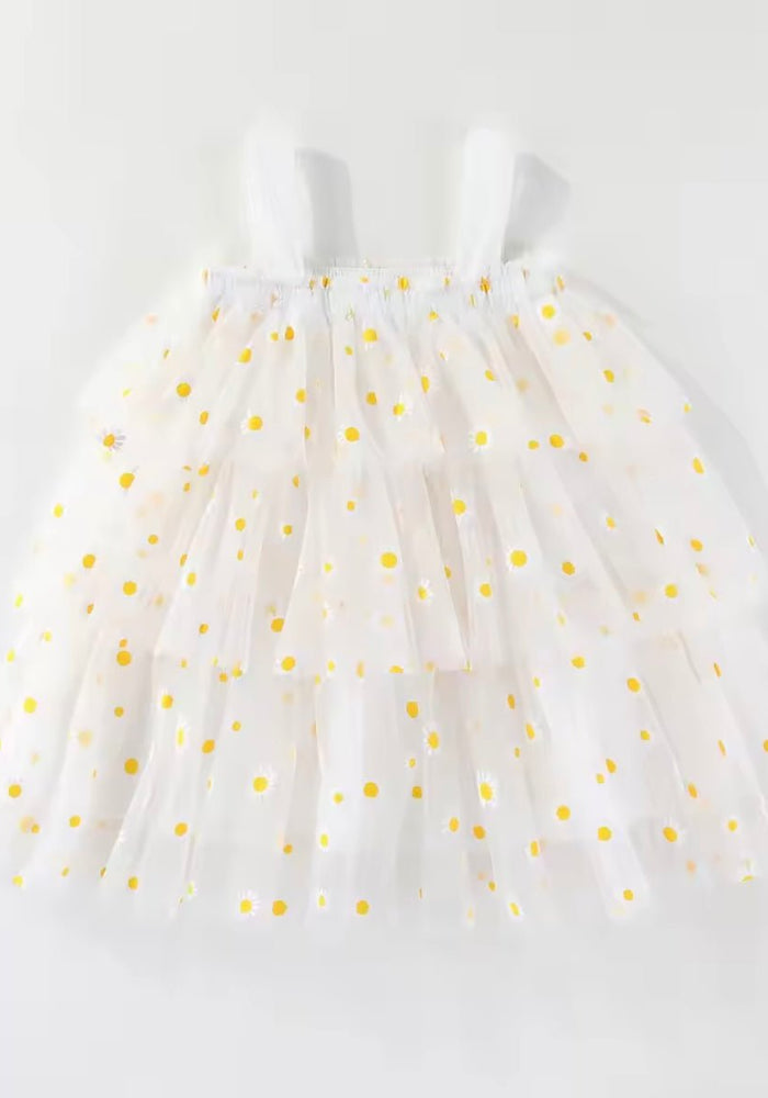 Kids Little Girl Daisy Floral Birthday Tutu Tulle Dress - White/Yellow - Fox Baby & Co
