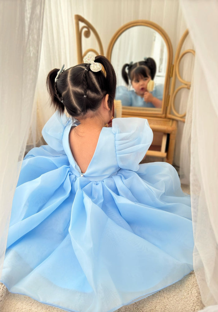 Kids little girls Bonnie Puff Sleeve Dress - Blue (pre order) - Fox Baby & Co