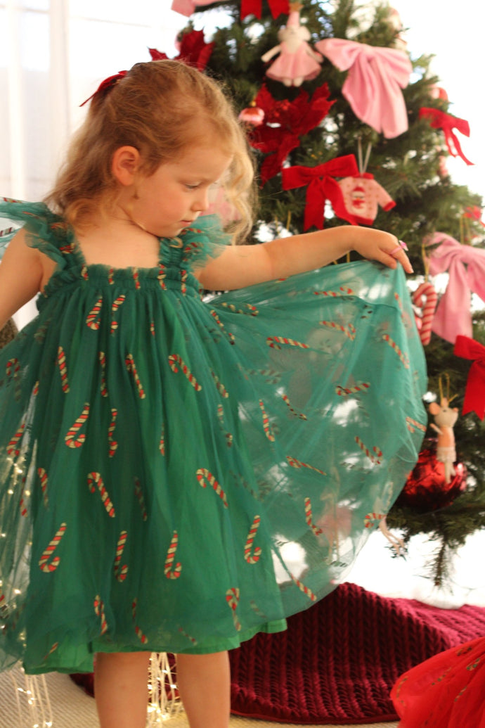 Candy Cane Christmas Little Girls Tulle Dress - Green - Fox Baby & Co