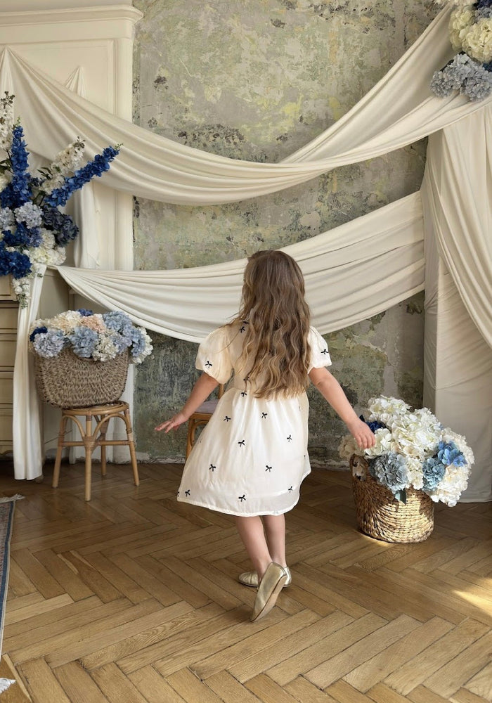 Kids girls French Luxe Bow Puff Dress - Black/ivory (pre order) - Fox Baby & Co