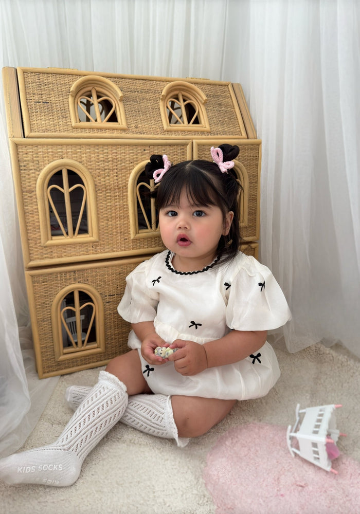 Baby Girls French Luxe Bow Puff Romper - Black/Ivory (pre order) - Fox Baby & Co