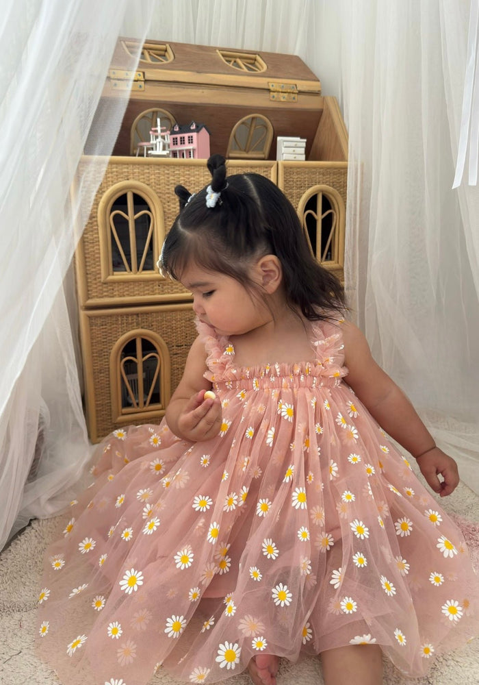 1st Birthday Kids little girl Arabella Daisy Tulle Dress - Pink/Yellow - Fox Baby & Co
