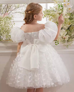 Bella Butterfly Flower Girl Kids Puff Sleeve Party Dress - White - Fox Baby & Co