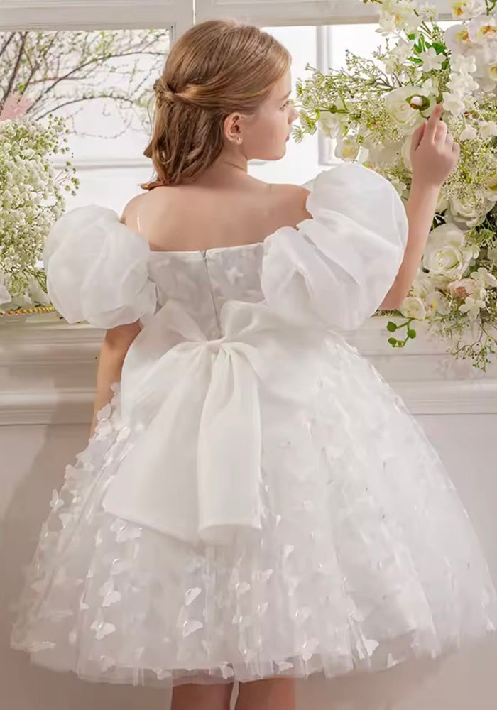 Bella Butterfly Flower Girl Kids Puff Sleeve Party Dress - White - Fox Baby & Co