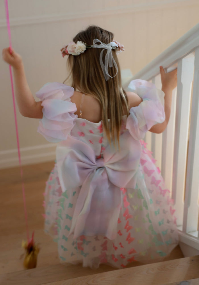 Bella Butterfly Flower Girl Kids Puff Sleeve Luxe Party Dress - Rainbow - Fox Baby & Co