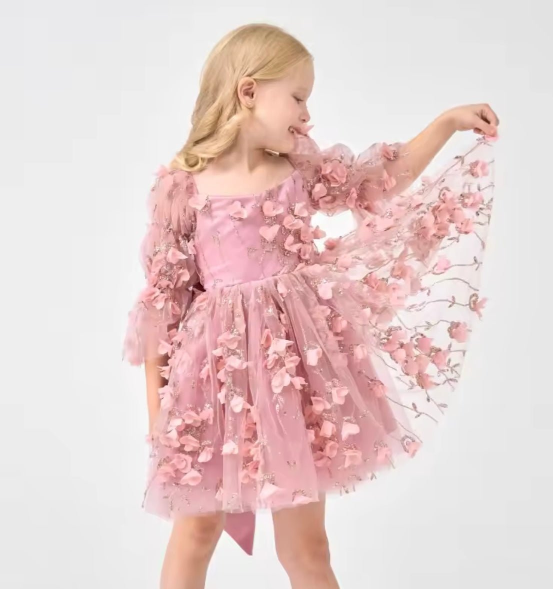 Flowergirl Sparkle Wonderland Long Sleeve Luxe Tulle Dress - Dusty Rose - Fox Baby & Co