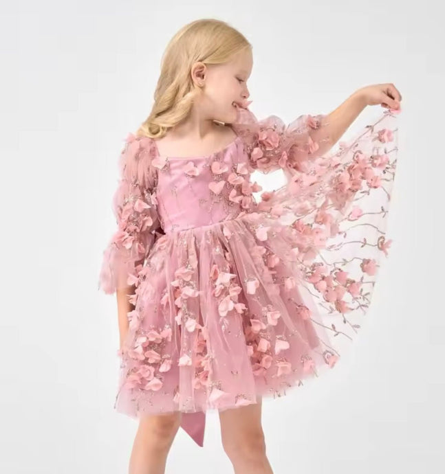 Flowergirl Sparkle Wonderland Long Sleeve Luxe Tulle Dress - Dusty Rose - Fox Baby & Co