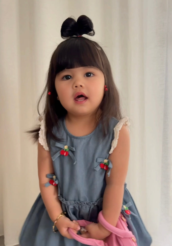 Denim Cherry Frill Dress (pre order) - Fox Baby & Co