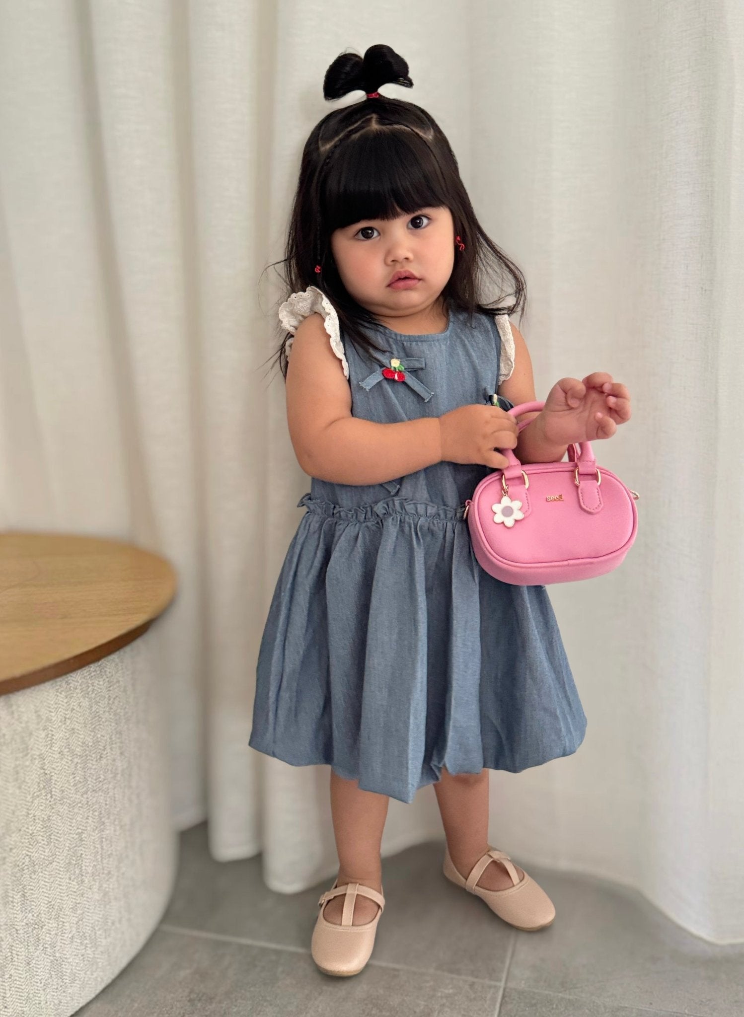Denim Cherry Frill Dress (pre order) - Fox Baby & Co