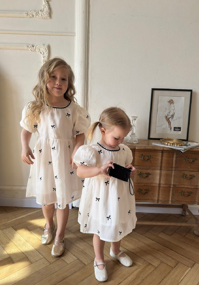 Kids girls French Luxe Bow Puff Dress - Black/ivory (pre order) - Fox Baby & Co