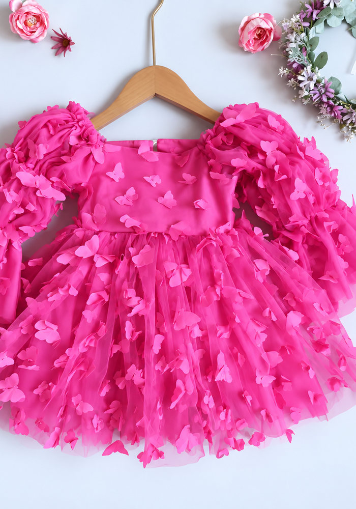 Flowergirl Butterfly Wonderland Long Sleeve Luxe Tulle Dress - Pink