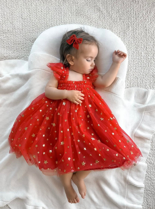 Christmas Stars Little Girls Tulle Dress - Red - Fox Baby & Co
