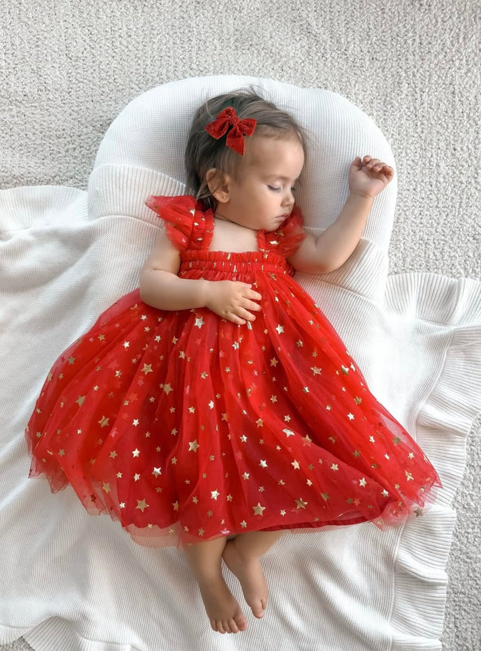 Christmas Stars Little Girls Tulle Dress - Red - Fox Baby & Co