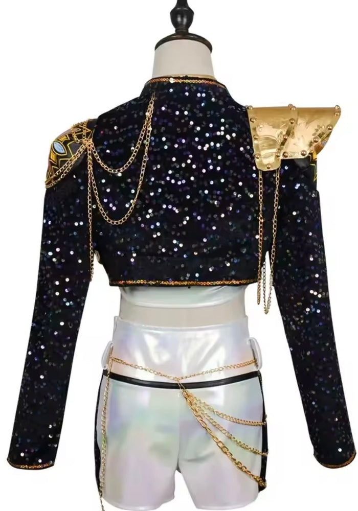 Kids Girls Kpop Style Demon Hunter Luxe Holographic Sequin SHORTS Outfit Accessories Set