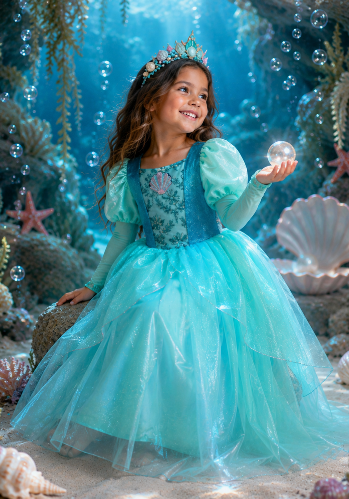 Aqua Pearl Mermaid Princess Long Sleeve Party Dress Costume