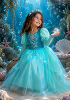 Load image into Gallery viewer, Aqua Pearl Mermaid Princess Long Sleeve Party Dress Costume
