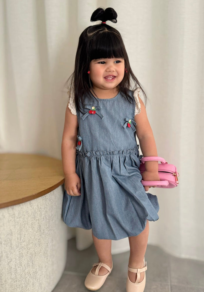 Denim Cherry Frill Dress (pre order) - Fox Baby & Co