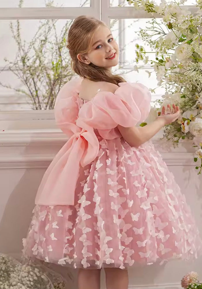 Bella Butterfly Flower Girl Kids Puff Sleeve Party Dress - Pink - Fox Baby & Co