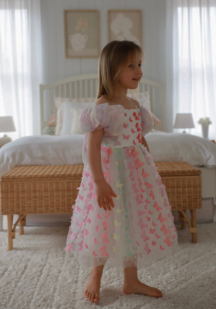 Bella Butterfly Flower Girl Kids Puff Sleeve Luxe Party Dress - Rainbow - Fox Baby & Co