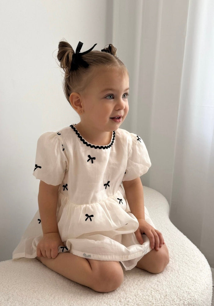 Kids girls French Luxe Bow Puff Dress - Black/ivory (pre order) - Fox Baby & Co