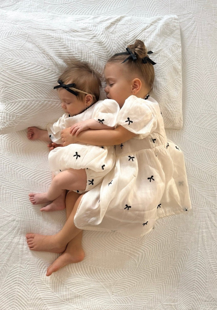 Kids girls French Luxe Bow Puff Dress - Black/ivory (pre order) - Fox Baby & Co