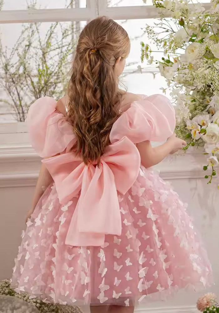Bella Butterfly Flower Girl Kids Puff Sleeve Party Dress - Pink - Fox Baby & Co